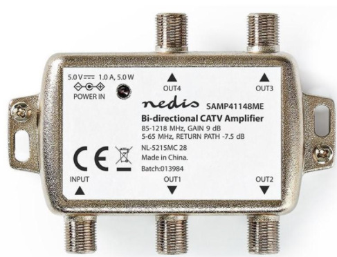 Zesilovač Nedis CATV, Max. zesílení 12 dB, 85-1218 MHz, 4 výstupy, zpětný kanál - 7,5 dB, 5-65 MHz, konektor F