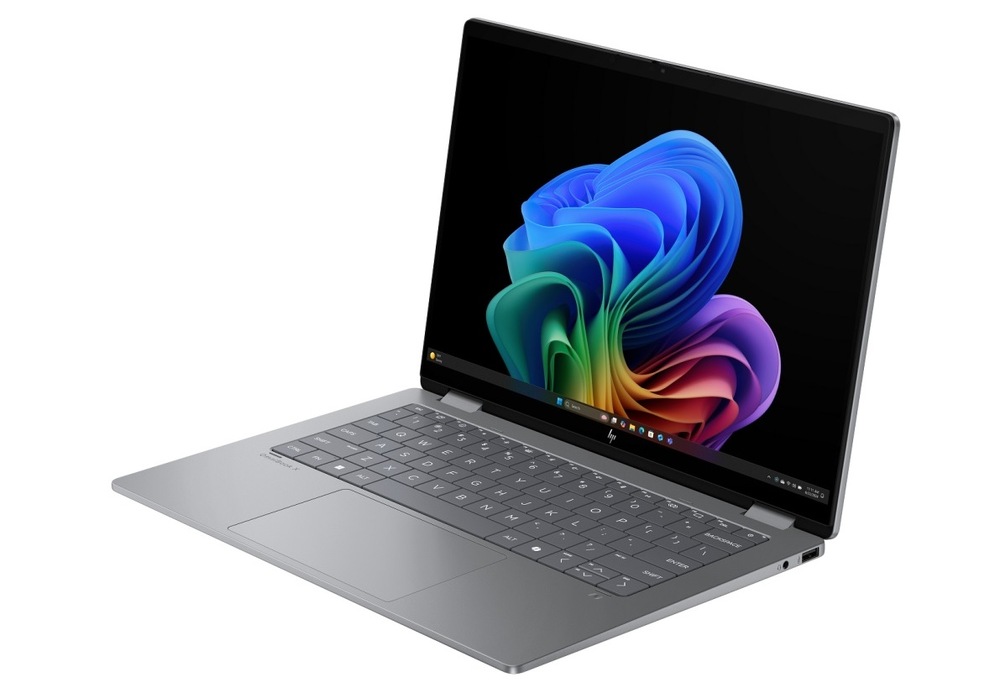 Notebook HP OmniBook X Flip NG AI 14-fm0002nc + Game Pass předplatné na 3 měsíce stříbrný Notebook HP OmniBook X Flip NG AI 14-fk0001nc otočený doleva