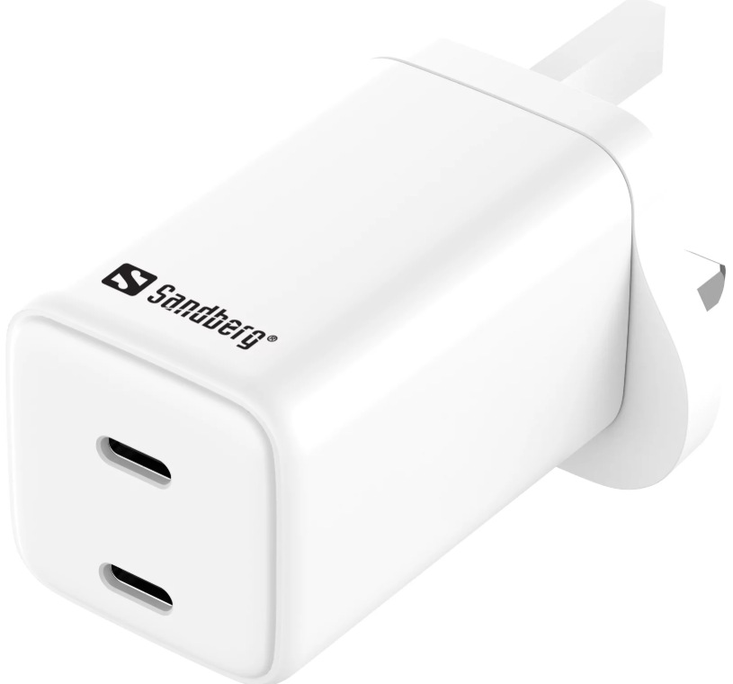 Sandberg AC Charger Dual USB-C PD65W UK, síťová nabíječka s dvojitým USB-C výstupem, bílá