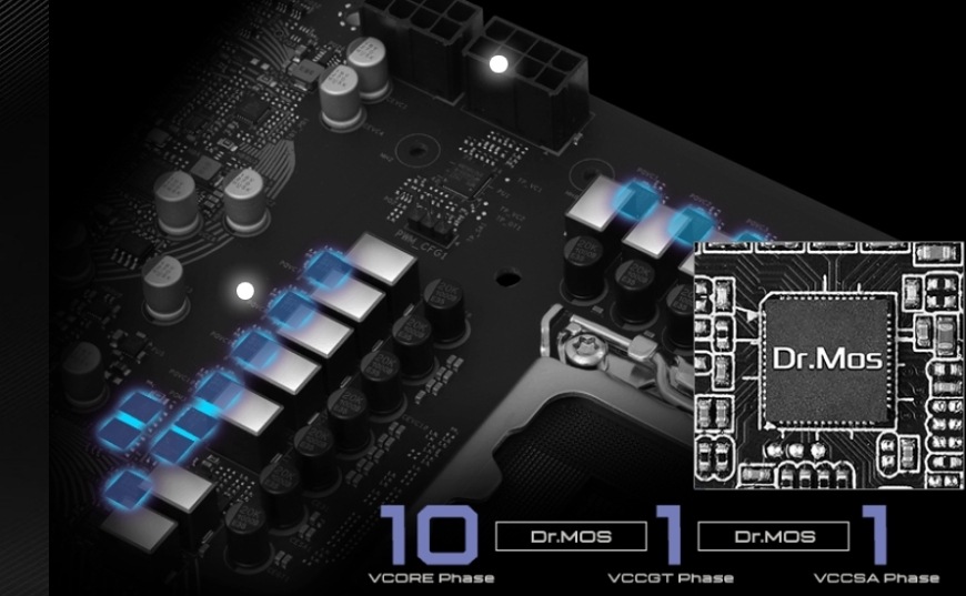 Základní deska ASRock B860M LiveMixer WiFi Detail napájecích fází VRM Dr.MOS u desky ASRock B860M LiveMixer WiFi pro stabilní výkon procesoru