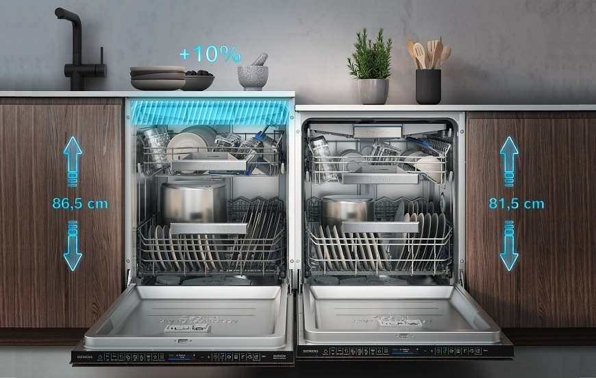 Dve vestavne mycky Siemens vedle sebe v tmavé kuchnské lince s vyznacenou viýškou - jedna klasik, druhá XXL výška