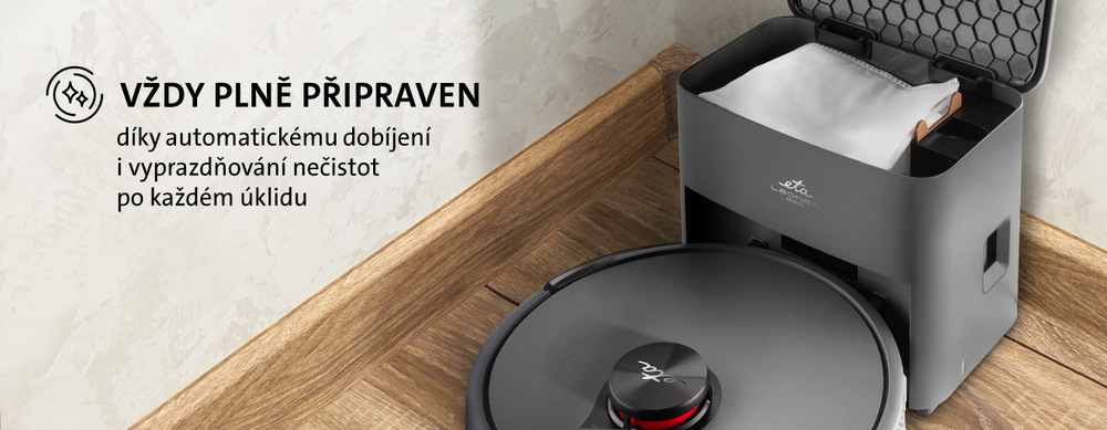 Robotický vysavač ETA Leone 2 PRO 6254 90000 šedý Detailní pohled na automatickou odsávací stanici s otevřeným víkem robotického vysavače ETA Leone 2 Pro s textem: Vždy plně připraven díky automatickému dobíjení i vyprazdňování nečistot po každém úklidu