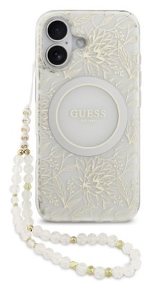 Kryt na mobil Guess IML Flowers Allover Strap MagSafe na Apple iPhone 17 bílý
