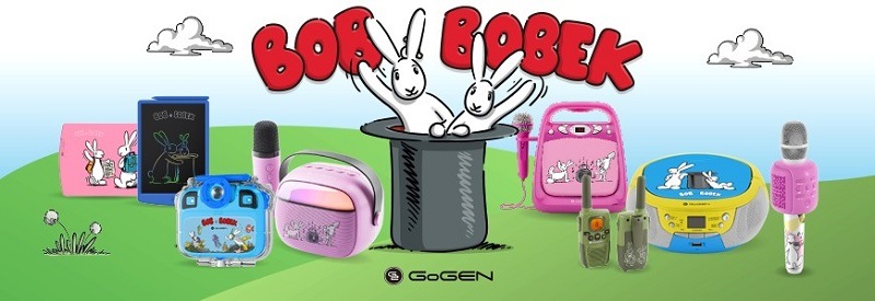 Banner s motivy Bob a Bobek, kde králíci vystupují z černého cylindru. Zobrazuje řadu elektroniky pro děti GoGEN, včetně LCD psacích tabulek, dětského fotoaparátu, přenosného CD přehrávače, vysílaček, růžového karaoke setu a mikrofonu