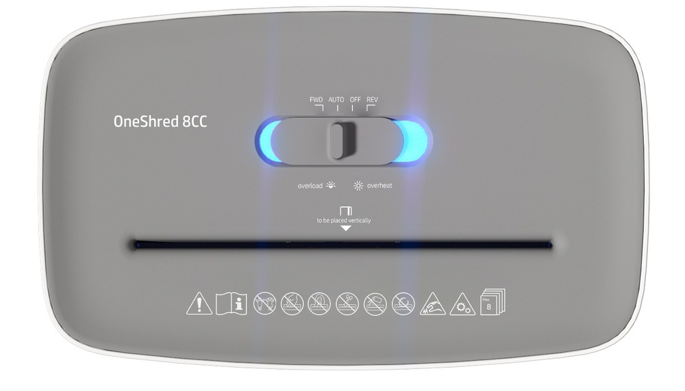 Skartovač HP OneShred 8CC bílý Skartovač HP OneShred 8CC se ovládá přepínačem se 3 hlavními režimy