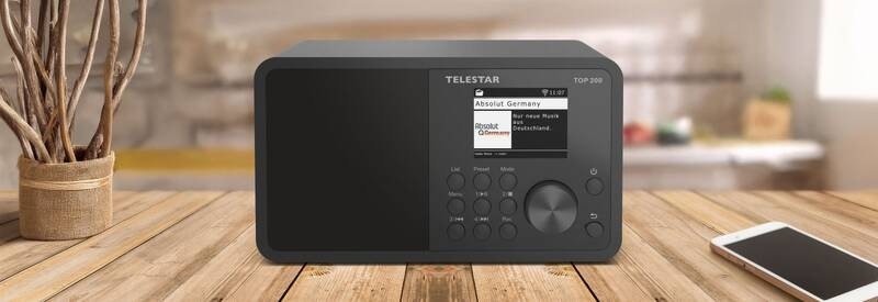 Internetový radiopřijímač s DAB+ Telestar TOP 200 černý Internetové rádio Telestar TOP 200 v černém provedení s barevným displejem a ovládacími tlačítky na předním panelu