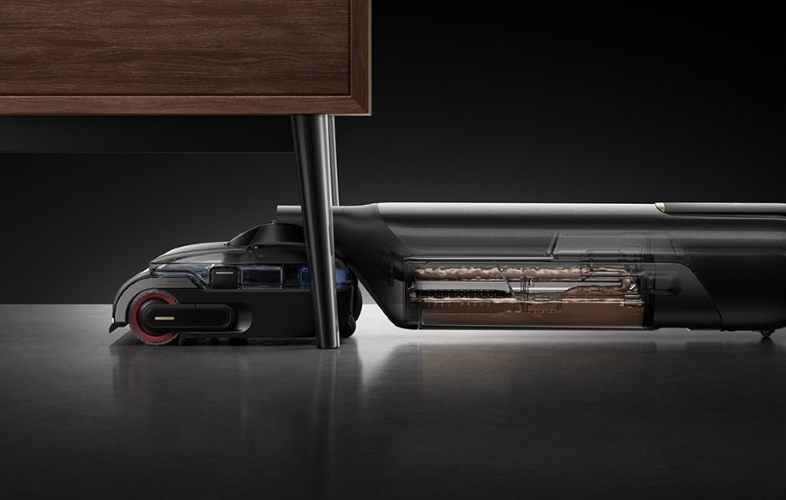 Víceúčelový vysavač MOVA M50 Pro černý Vysavač MOVA M50 Pro ve 180° poloze při úklidu pod nábytkem