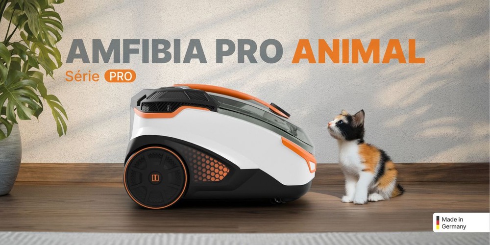 Bezsáčkový vysavač Thomas Amfibia PRO Animal, vedle nějž sedí kotě