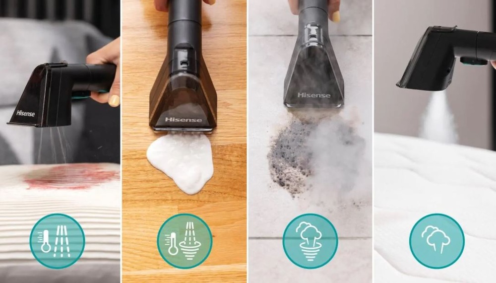 Tepovač koberců Hisense HSSC07A 2in1 Steam IQ černý představení čtyřech režimů použití tepovače Hisense HSSC07A.