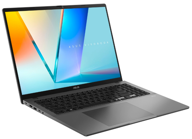 ASUS Vivobook S16 z levého úhlu s OLED displejem, klávesnicí a touchpadem
