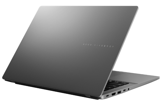 Zadní strana šedého ASUS Vivobook S14 s konektory na levém boku