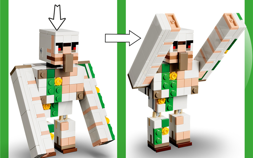 Stavebnice LEGO® Minecraft® 21592 Kuřecí žokej a útok v poušti Železný golem vysoký přes 11 cm se stane výraznou ozdobou pokojíčku i základem dalších dobrodružství.