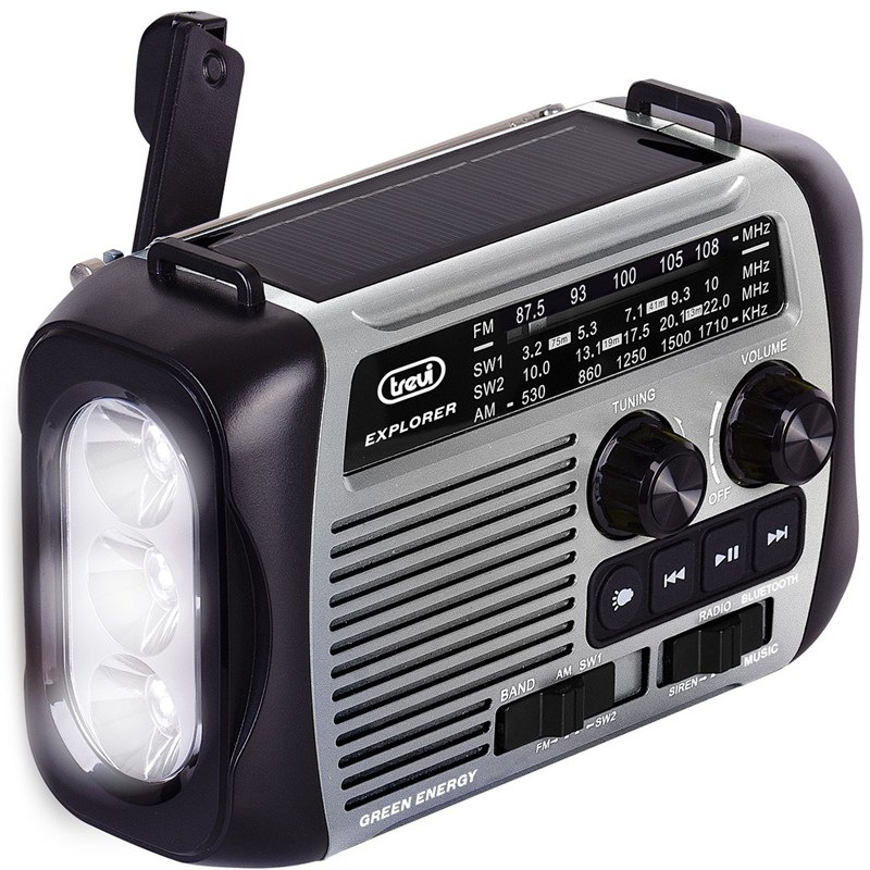 Přenosný radiopřijímač Trevi s funkcí powerbanky a s LED svítilnou, šedá barva