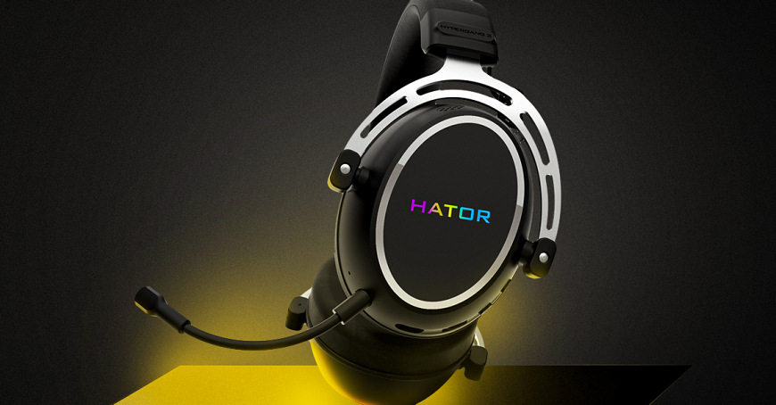 Headset HATOR Hypergang 3 Wireless s rozsvíceným logem na vnější straně mušle
