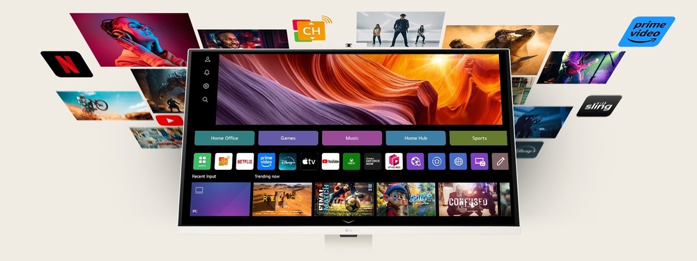 Rozhraní chytré televize zobrazuje barevné ikony aplikací a možnosti streamování, jako jsou Netflix a Prime Video, obklopené zářivými miniaturami pořadů a filmů.