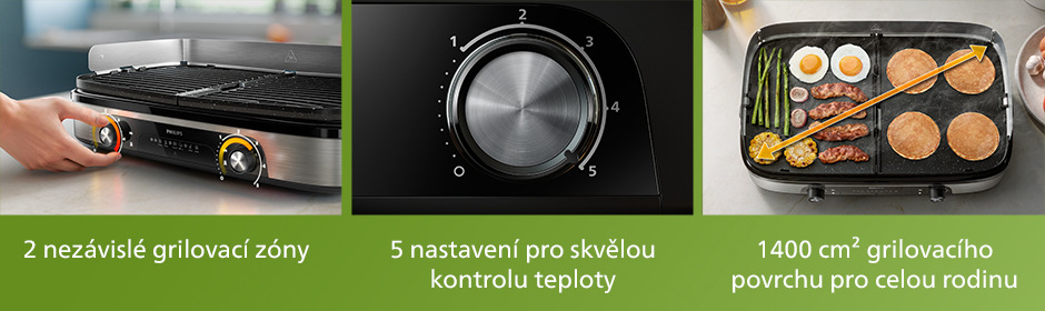 Obrázky na banneru – gril Philips HD6222/90 s velkou grilovací plochou a nastavením 5 teplot