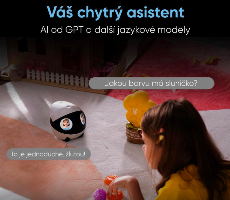 Dítě komunikující s mobilní IP kamerou Enabot EBO Air 2 Plus pomocí AI asistenta v dětském pokoji