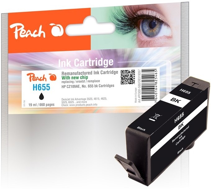 Černá inkoustová náplň Peach HP 655 s výtěžností 660 stran
