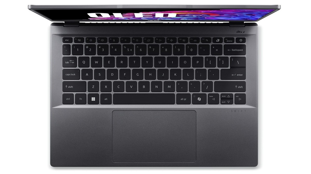 Notebook Acer Swift Go 14 (SFG14-63-R6E2) šedý Pohled shora na klávesnici notebooku Acer Swift Go 14 (SFG14-63-R6E2)