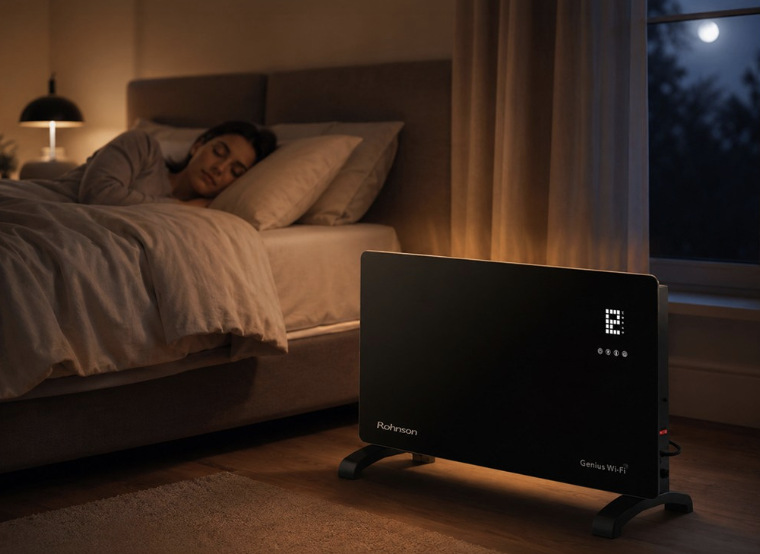 Konvektor Rohnson R-040 Genius Wi-Fi při večerním vytápění ložnice vedle postele