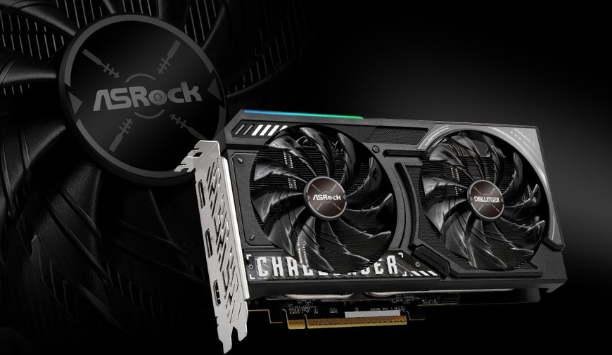 Detail chlazení grafiky ASRock RX 9060 XT Challenger s dvojicí ventilátorů