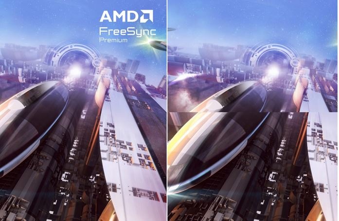 Rozdělený obrázek zobrazuje futuristickou městskou krajinu s vysokorychlostním vlakem projíždějícím zářícím tunelem pod hvězdnou oblohou. V horní části je logo AMD FreeSync Premium.