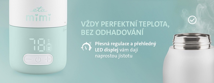 Detailní pohled na LED displej ohřívače ETA Mimi s nastavenou teplotou 18 °C. Vedle je otevřená termoska s párou. Text: Vždy perfektní teplota, bez odhadování – přesná regulace a přehledný displej