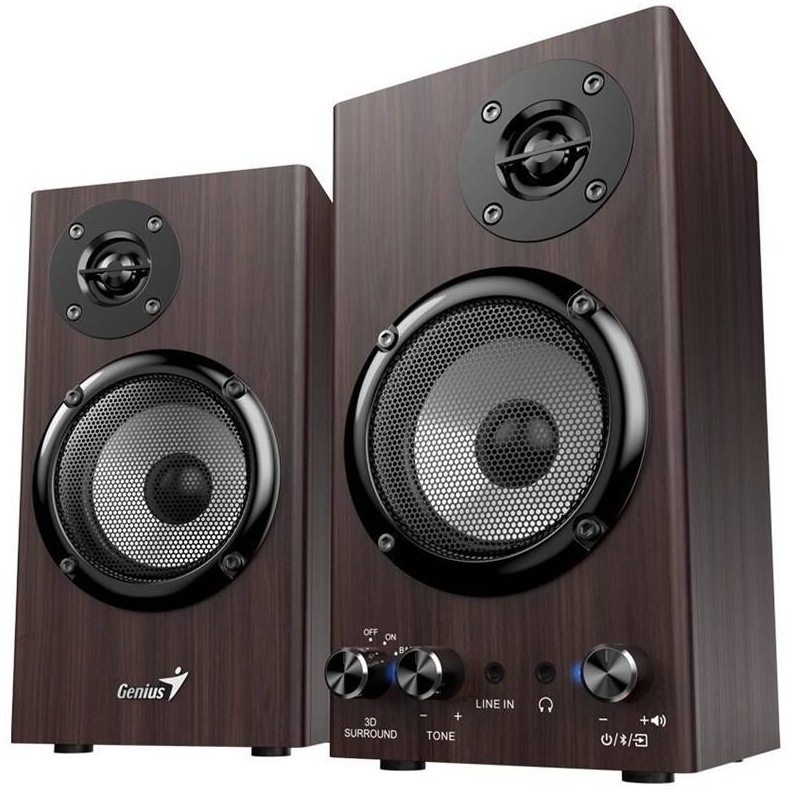 Dřevěné reproduktory Genius SP-HF520BT v tmavě hnědém provedení s ovládáním na čelní straně