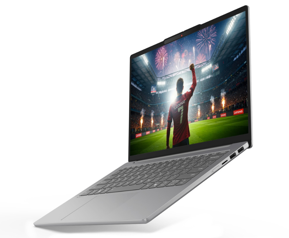 Otevřený a zapnutý notebook Lenovo IdeaPad Slim 5 14AHP11 otočený doleva