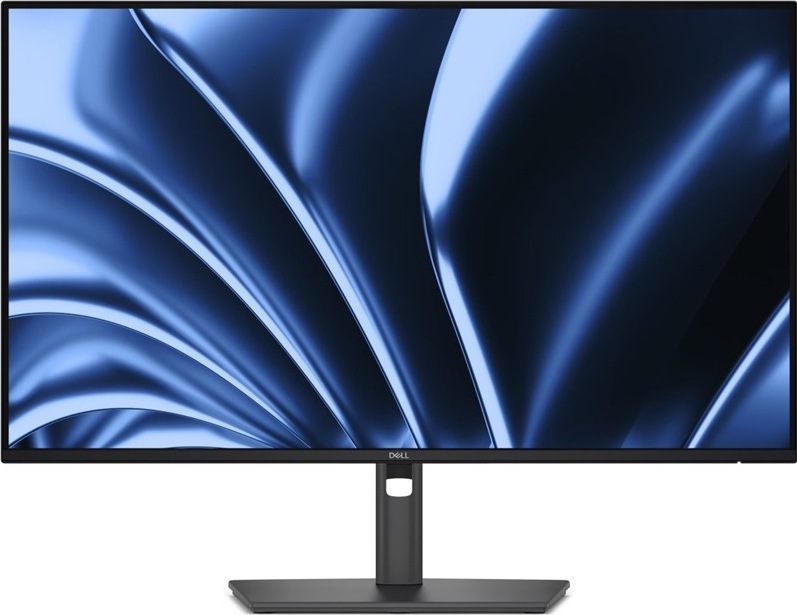 Čelní pohled na šedý monitor Dell s tenkými rámečky, centrálním stojanem a širokou obdélníkovou základnou.