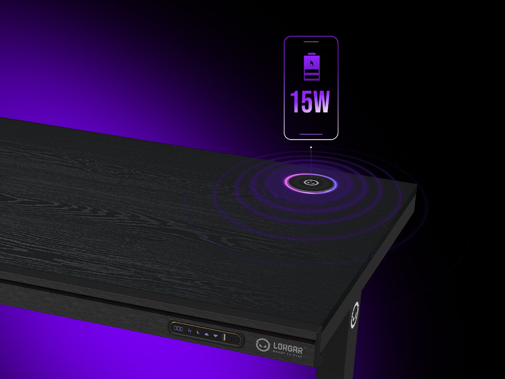 Herní stůl Lorgar DP80 RGB Wood černý Lorgar DP80 RGB Wood zaujme i integrovanou bezdrátovou nabíječkou
