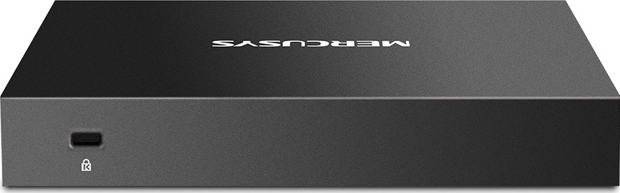 Switch Mercusys MS108GS (MS108GS) černý Pohled na zadní stranu černého kovového switche Mercusys s otvorem pro bezpečnostní zámek Kensington.