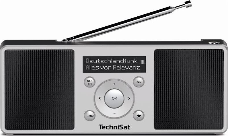 Radiopřijímač s DAB+ TechniSat DIGITRADIO 1 S černý/stříbrný Čelní pohled na radiopřijímač se dvěma symetricky umístěnými reproduktory. Uprostřed se nachází OLED displej, kruhový ovladač a tlačítka pro volbu pásma, nabídku a předvolby; nahoře je vysunutá teleskopická anténa.