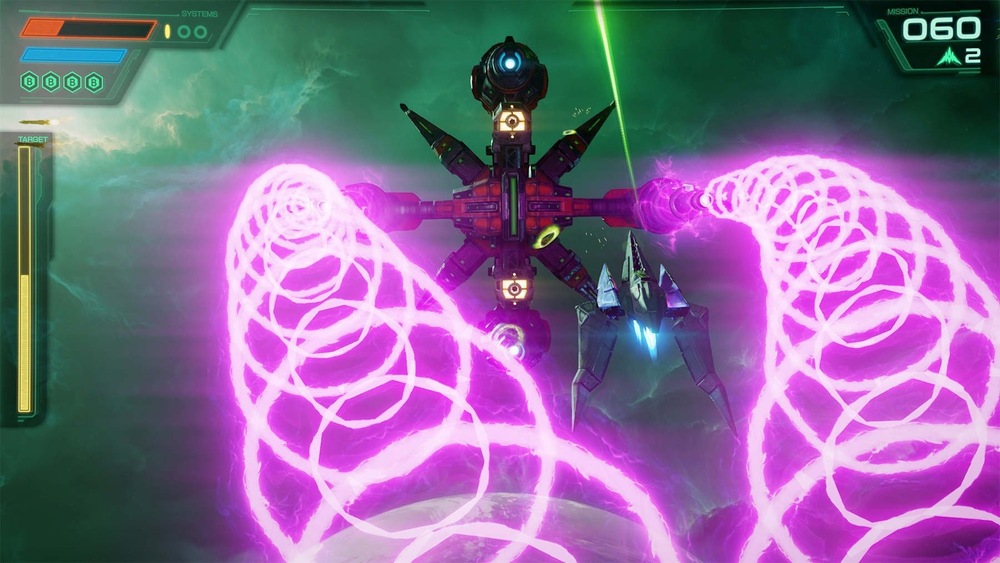 Souboj s bossem ze sci-fi videohry: temný vznášející se mech vystřeluje dvojité neonově růžové energetické sítě uprostřed zelené bouře, s viditelným HUD a menší vesmírnou lidí dole.