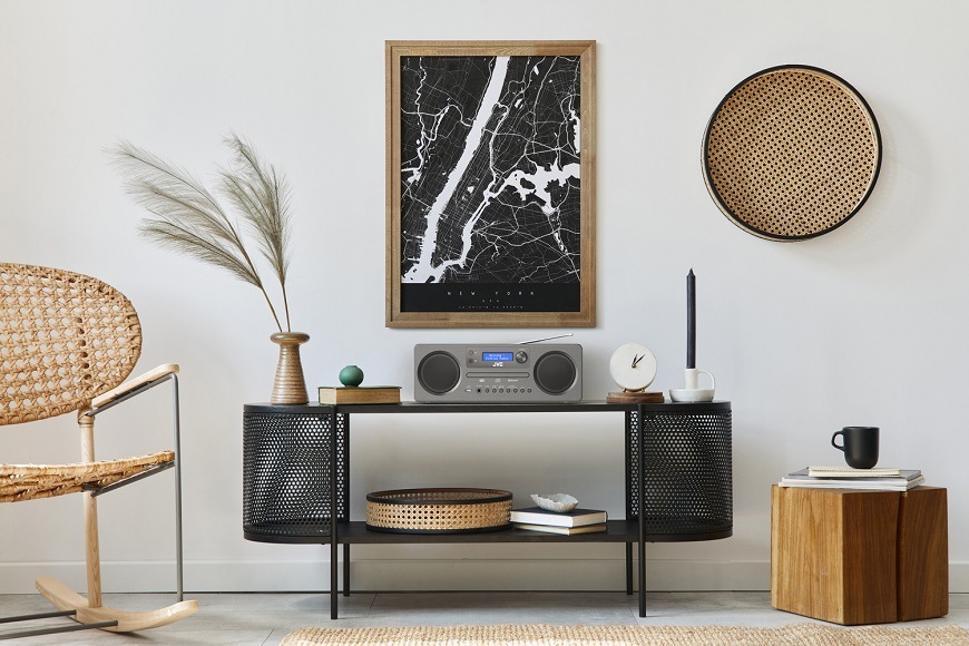 Mikrosystém JVC RD-E861B-DAB černý/šedý All-in-One Audio systém JVC RD-E861B-DAB, dřevo