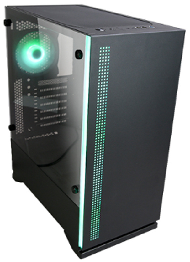 Case Zalman S5 černá Na obrázku je PC skříň Zalman S5, černá z šikmého pohledu. Má průhlednou bočnici, přes kterou je vidět vnitřek a svítící ventilátor (zelenomodré světlo). Přední panel je hladký a po jeho levém okraji vede úzký svislý světelný proužek, vedle kterého je svislý pás drobných otvorů pro nasávání vzduchu. Nahoře jsou vidět porty a tlačítka na horním panelu a skříň stojí na nízkých nožkách.