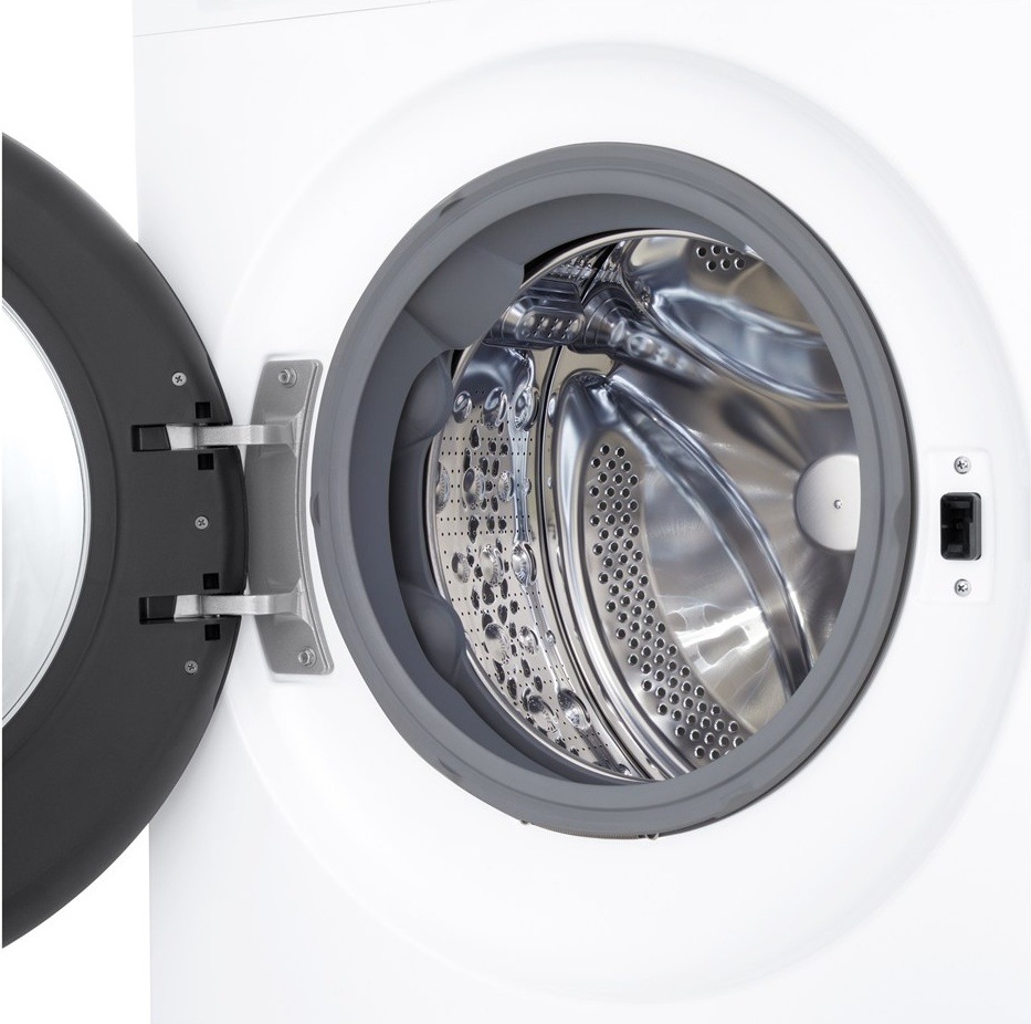 Pračka LG F4X5013TLC bílá Detail bubnu s otevřeným víkem a nerezovými lopatkami