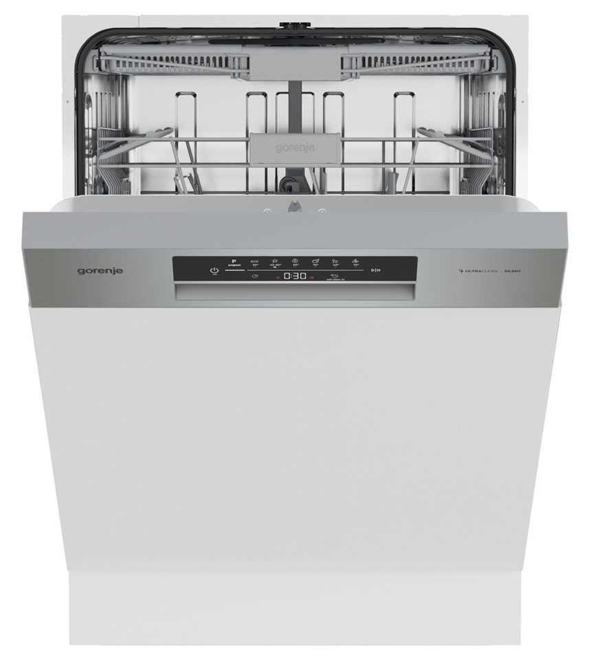 Přední pohled na vestavnou myčku Gorenje GI643C90X s pootevřenými dvířky.