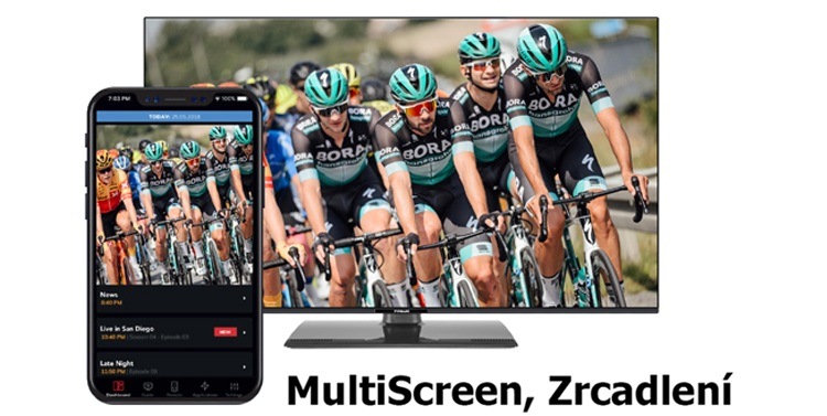 Televize Finlux 32FHI5660 Televize Finlux se záběrem cyklistického závodu, před televizí je mobilní telefon se stejným záběrem na obrazovce, dole je nápis MultiScreen, Zrcadlení