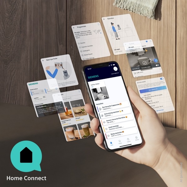 Pohled na mobil s aplikací Home Connect, skrze kterou ovládáte kávovar Siemens