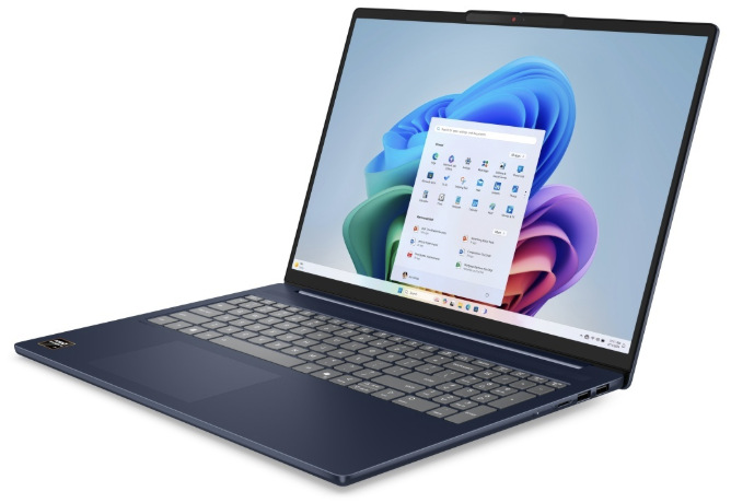 Lenovo IdeaPad Slim 5 16AKP10 z pravého úhlu s otevřenou nabídkou Windows 11