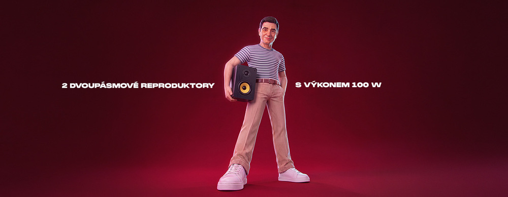 Muž drží pod paží dvoupásmový reproduktor. Banner s textem „2 dvoupásmové reproduktory s výkonem 100 W“ pro mikrosystém JVC MX-E455