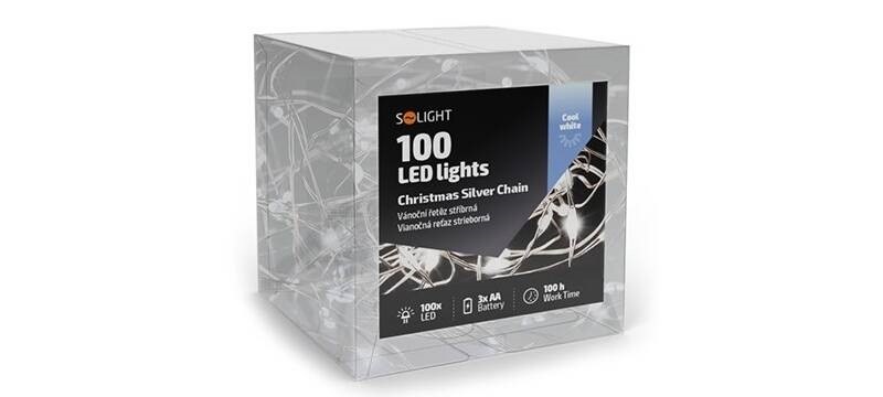 Vánoční osvětlení Solight řetěz stříbrný, 100x mini LED, 10m, 3 x AA, studená bílá