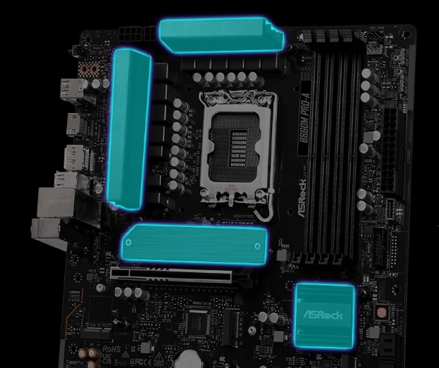 Základní deska ASRock B860M Pro-A Zvýrazněné chladiče VRM a M.2 slotu na základní desce ASRock B860M Pro-A pro efektivní odvod tepla