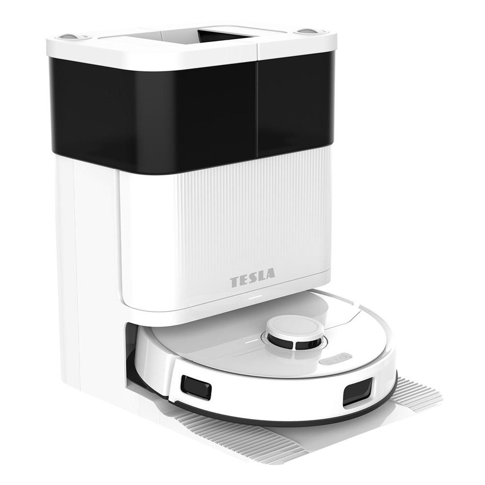 Robotický vysavč Tesla RoboStar iQ900 Ultra v nabíjecí stanici natočený doprava
