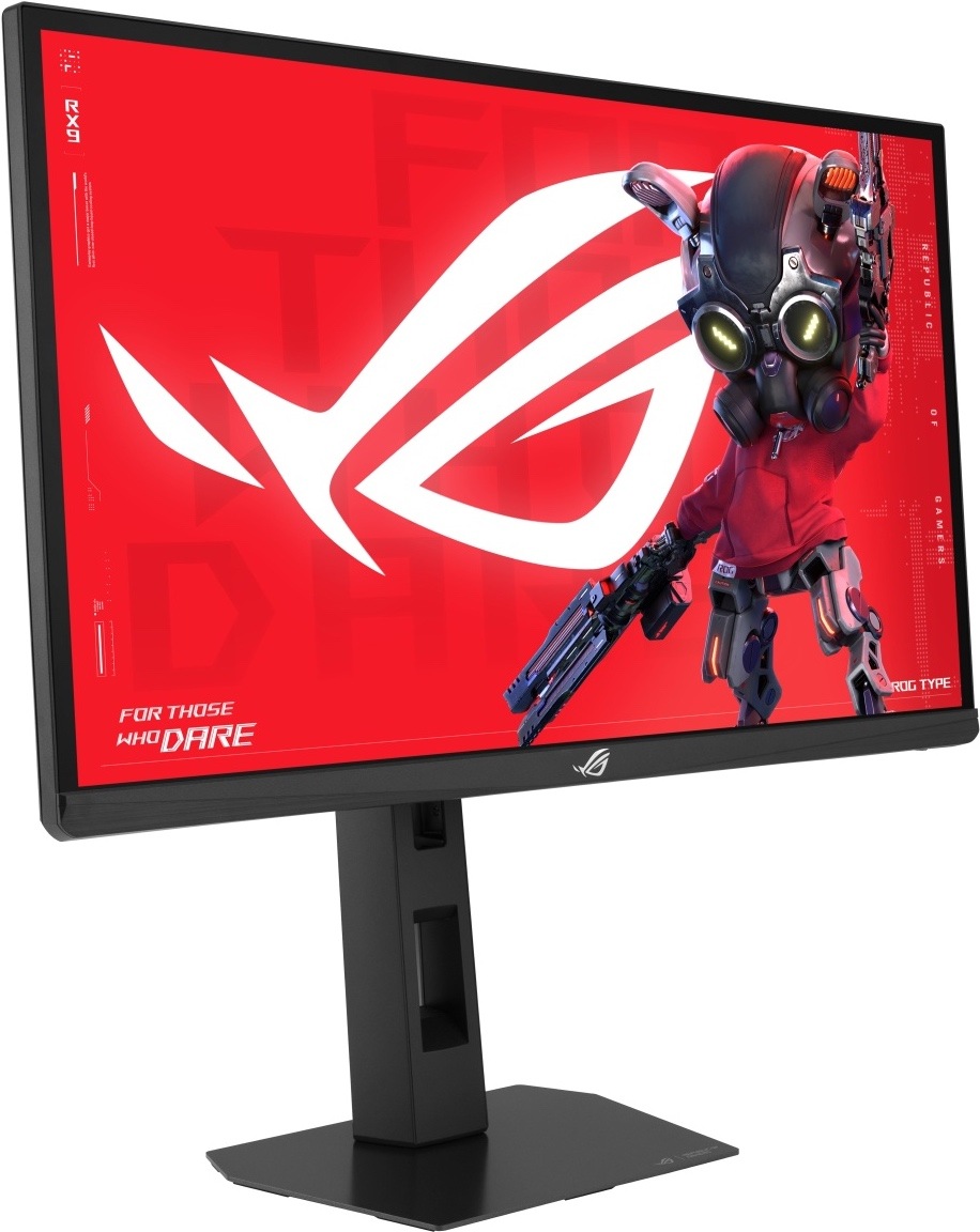 Herní monitor Asus ROG Strix XG248QSG Ace černý Na obrázku je herní monitor ASUS ROG Strix z předního šikmého pohledu. Monitor má černý tenký rámeček, širokoúhlý displej a výškově nastavitelný stojan s plochou hranatou základnou. Na obrazovce je výrazná červená grafika s velkým bílým logem ROG a futuristickou herní postavou. Logo ROG je také na spodní liště monitoru. Celkově monitor působí jako rychlý herní model s výrazným designem Republic of Gamers.