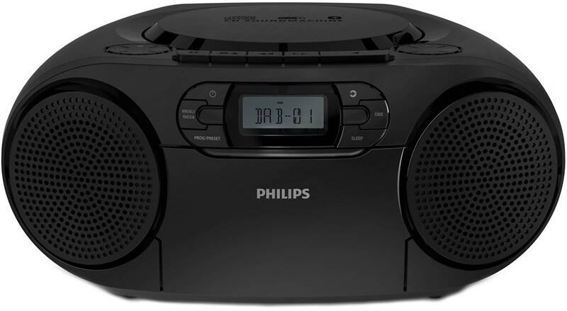 Černý přenosný radiomagnetofon Philips TAZ2500 s CD přehrávačem, DAB+ rádiem a kazetovou mechanikou
