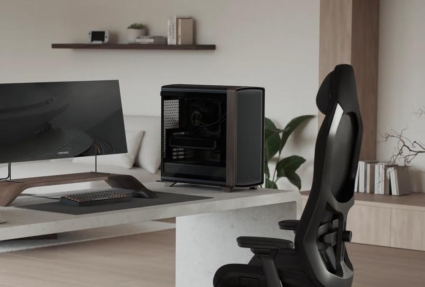 FRACTAL DESIGN Summit Black TG Light Tint s prosklenou bočnicí umístěná na pracovním stole