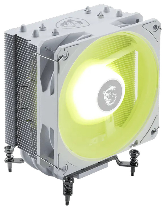 Na obrázku je chladič CPU MSI MAG COREFROZR AA13 – věžový vzduchový chladič se šedým 120mm ventilátorem, který svítí žluto-zeleně a má uprostřed logo MSI. Za ventilátorem je blok hustých kovových žeber, dole jsou vidět 4 stříbrné heatpipe a montážní držák se šrouby.