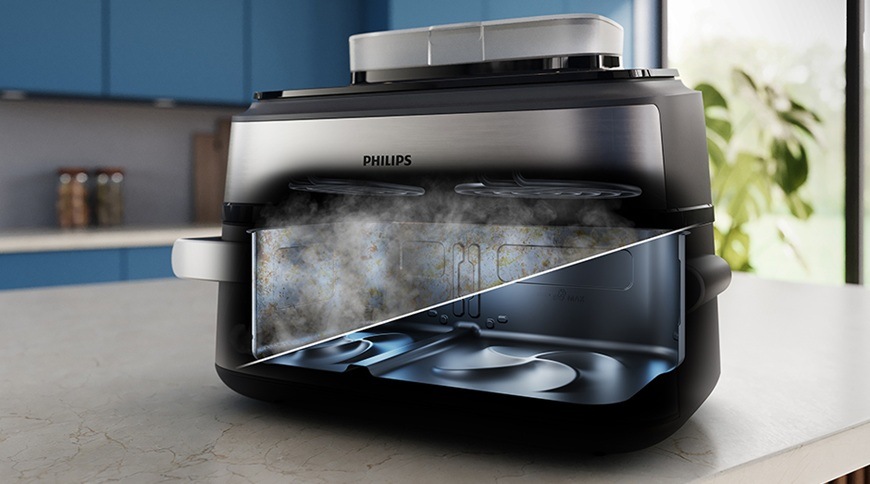 Grafický průřez multifunkční fritézy Philips NA565/02 i s jejím snadným čištěním. 
